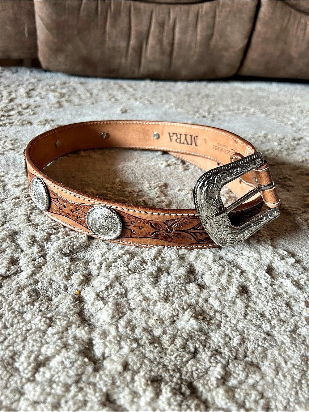 MYRA Tooled Leather Western Belt in Brown Like New